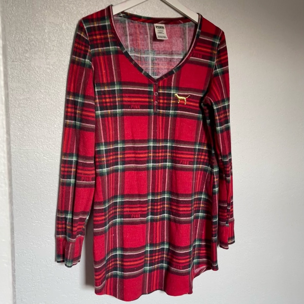 Victoria's Secret PINK Red Gold Holiday Plaid Henley Thermal Sleepshirt Size L/G
